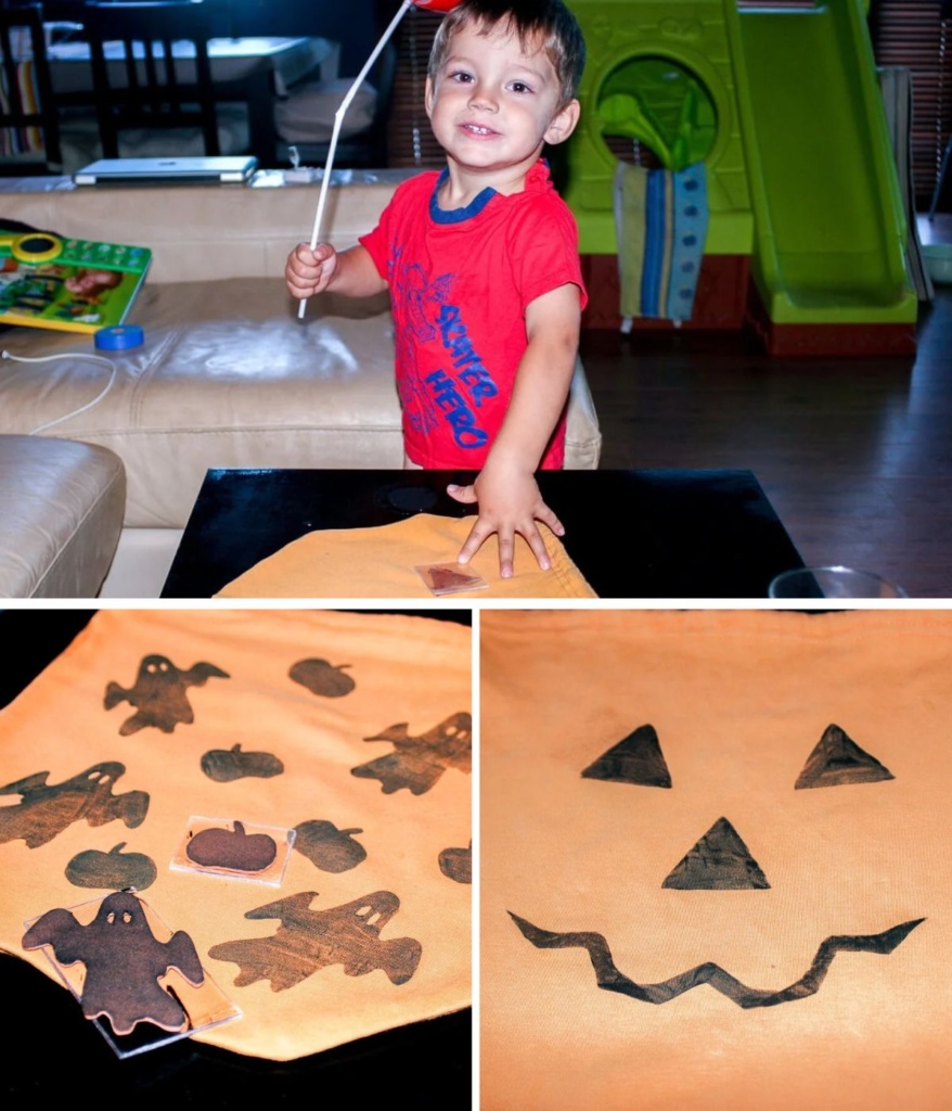 A young boy decorating an orange trick-or-treat bag with a homemade fabric stamp, with close-up photos of stamped ghosts, pumpkins, and a jack-o'-lantern face.