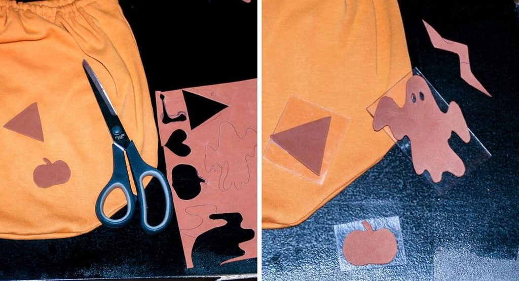 Two photos showing Halloween shapes cut from craft foam, including a pumpkin, triangle, and ghost, and the finished foam stamps attached to clear plastic.