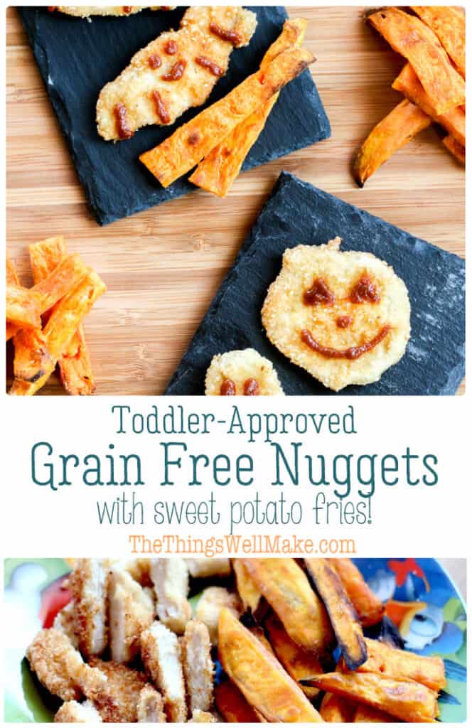 Learn how to make grain-free and "regular" breaded chicken nuggets with baked sweet potato fries. It's one of my son's favorite meals (and adults love it too)! I also show you how to decorate them for Halloween. #thethingswellmake #grainfree #chickennuggets #toddlermeals #kidsmeals #realfoodkids #paleo #glutenfree #halloweenfood #halloweenrecipes #halloweenkids
