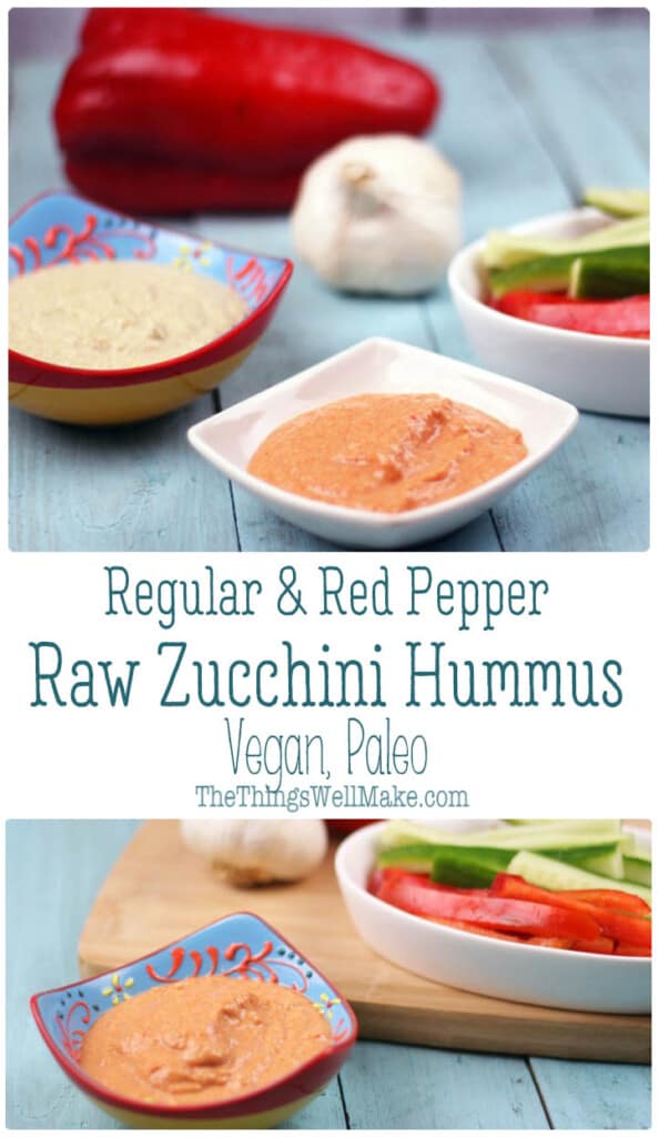 Reminiscent of baba ganoush or hummus, zucchini hummus is a delicious yet healthy dip that is very versatile. It can be made raw or roasted and can be made in a variety of flavors to suit everybody's taste. Roasted red peppers add color and flavor. This is the perfect healthy snack and is vegan, paleo, and candida diet-friendly. #hummus #hummusrecipe #zucchinihummus #rawfoods #healthysnacks #zucchini #redpepper #vegan #paleo #candidadiet #guthealth #veggies #roastedvegetables #thethingswellmake