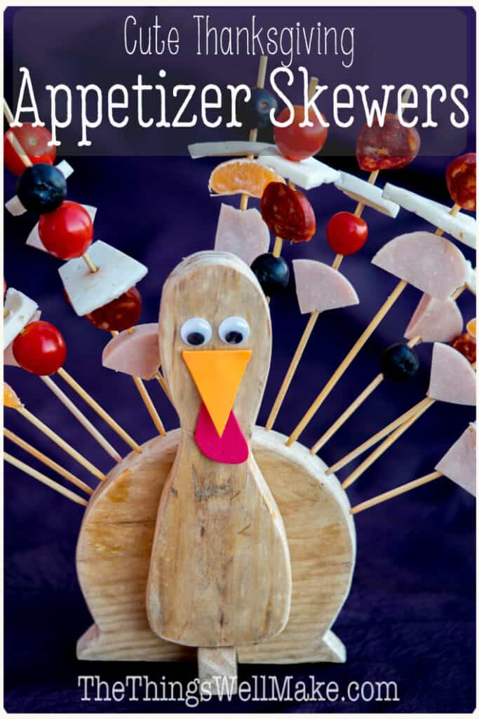 How to make a turkey display for Thanksgiving appetizer skewers. Kids will love this project, and it may even help them eat their veggies. #thanksgiving #thansgivingcrafts #thanksgivingrecipes #thanksgivingfood #thanksgivingappetizers #turkey #turkeycrafts #thethingswellmake #miy