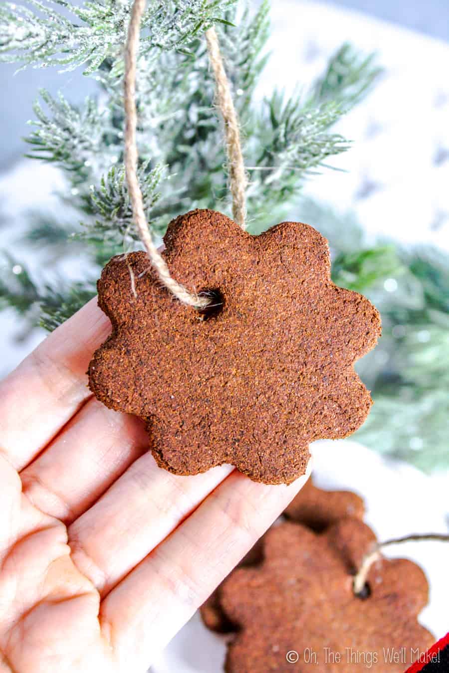 A hand lifting up a flower-shaped cinnamon applesauce ornament hanging on a Christmas tree