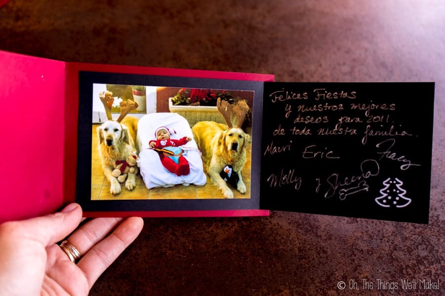 An open Christmas card with a photo of a baby dressed as Santa Claus in a bouncer seat. On either side of the baby is a golden retriever dressed with reindeer antlers.