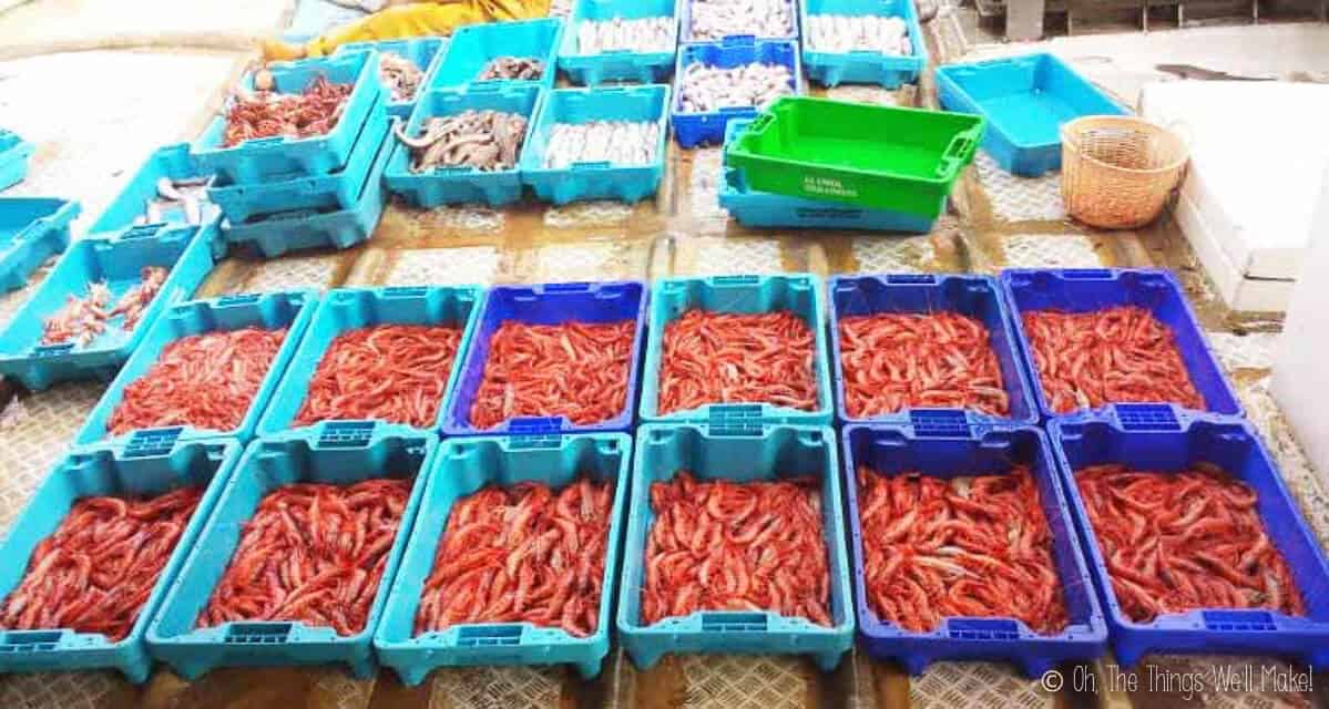 Several boxes of red prawns of Denia in the foreground, with other boxes of fish and other seafood in the background.