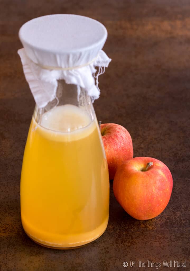 A carafe of homemade apple cider vinegar with 2 red apples behind it. 