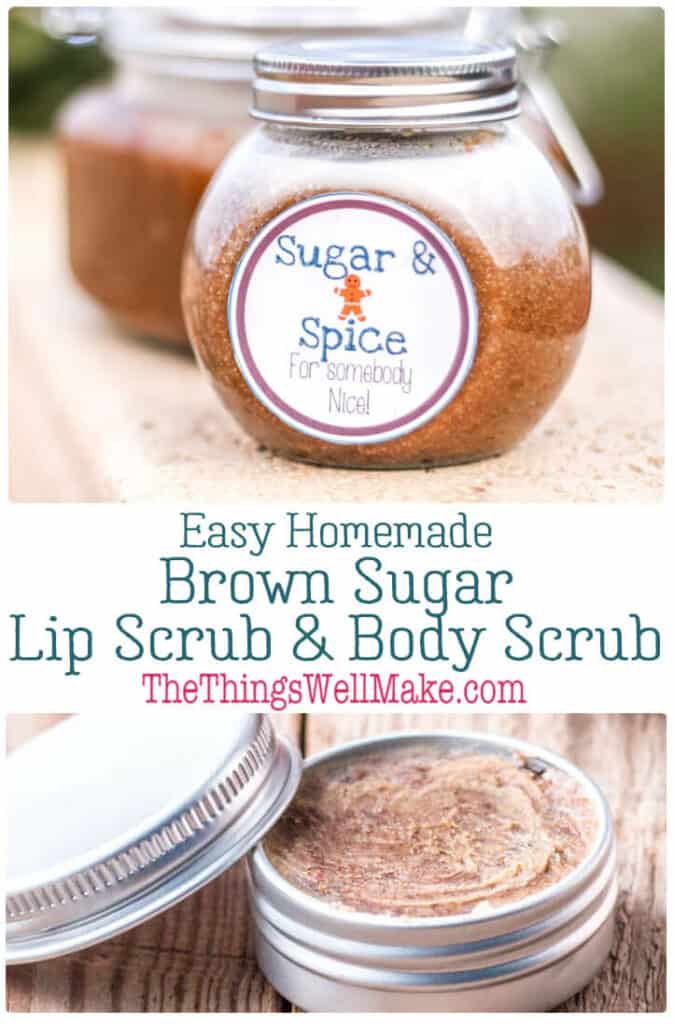 Exfoliate dry lips, bringing out their natural, healthy glow with this DIY brown sugar lip scrub. It's super simple to make and makes a nice holiday gift or stocking stuffer. (And it comes with free printable labels!) #thethingswellmake #lipscrub #greenbeauty #brownsugarlipscrub #sugarandspice #giftideas #christmasgifts #diygifts