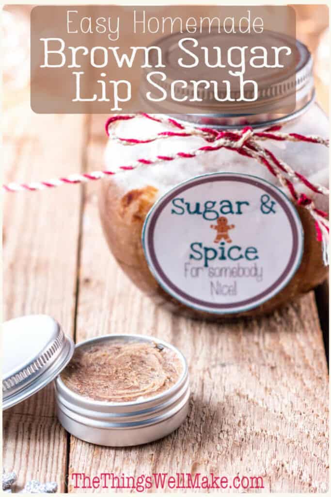 Exfoliate dry lips, bringing out their natural, healthy glow with this DIY brown sugar lip scrub. It's super simple to make and makes a nice holiday gift or stocking stuffer. (And it comes with free printable labels!) #thethingswellmake #lipscrub #greenbeauty #brownsugarlipscrub #sugarandspice #giftideas #christmasgifts #diygifts