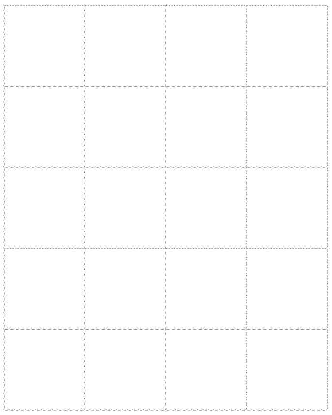 A grid of twenty blank, rectangular postage stamp outlines with scalloped edges, arranged for use in projects to make gelatin stamps.