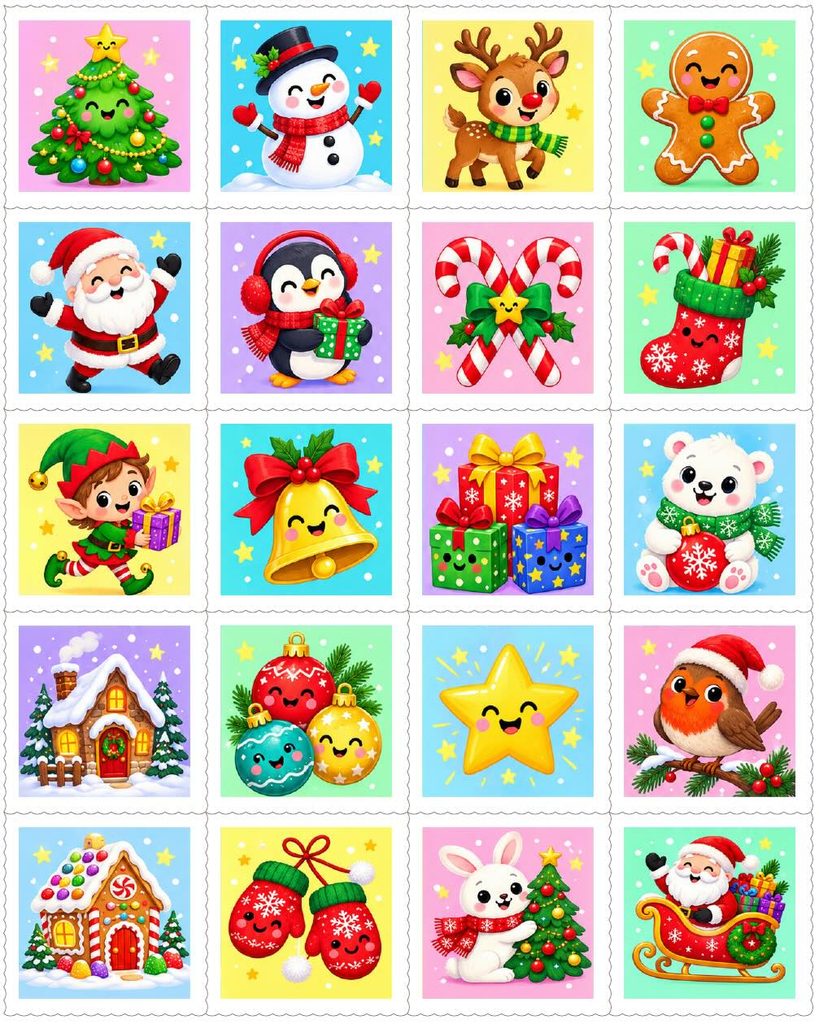 A grid of twenty Christmas-themed stickers, perfect for making gelatin stamps, featuring characters like a snowman, reindeer, gingerbread man, Santa Claus, and festive icons like trees and gifts.