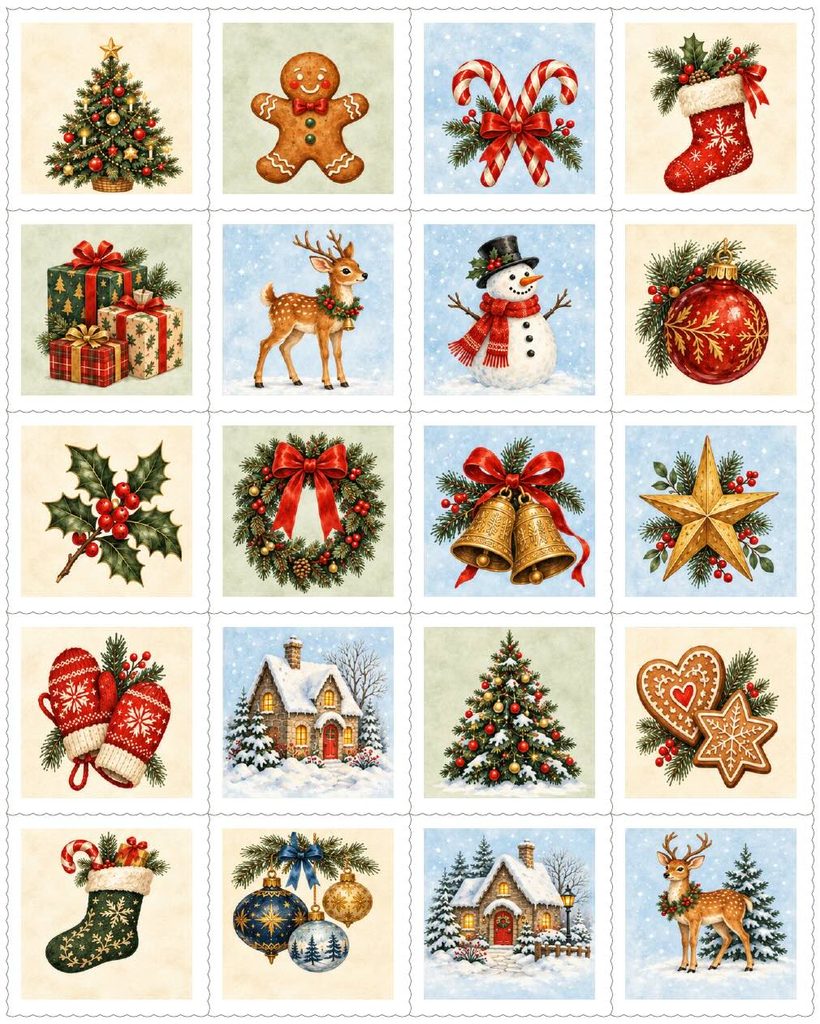 A grid of twenty square stickers, perfect to make gelatin stamps, featuring classic Christmas imagery like trees, gingerbread men, ornaments, reindeer, and winter cabins.