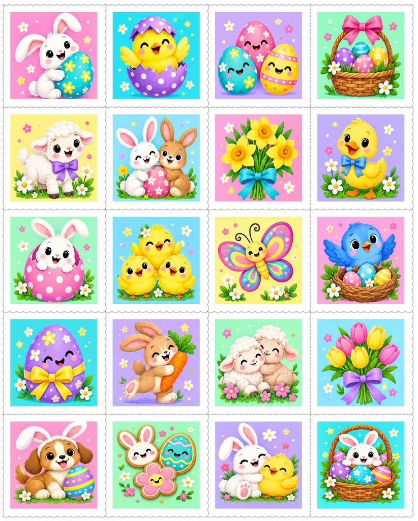 A grid of twenty colorful Easter-themed illustrations of bunnies, chicks, eggs, lambs, and flowers, perfect for those who make gelatin stamps.