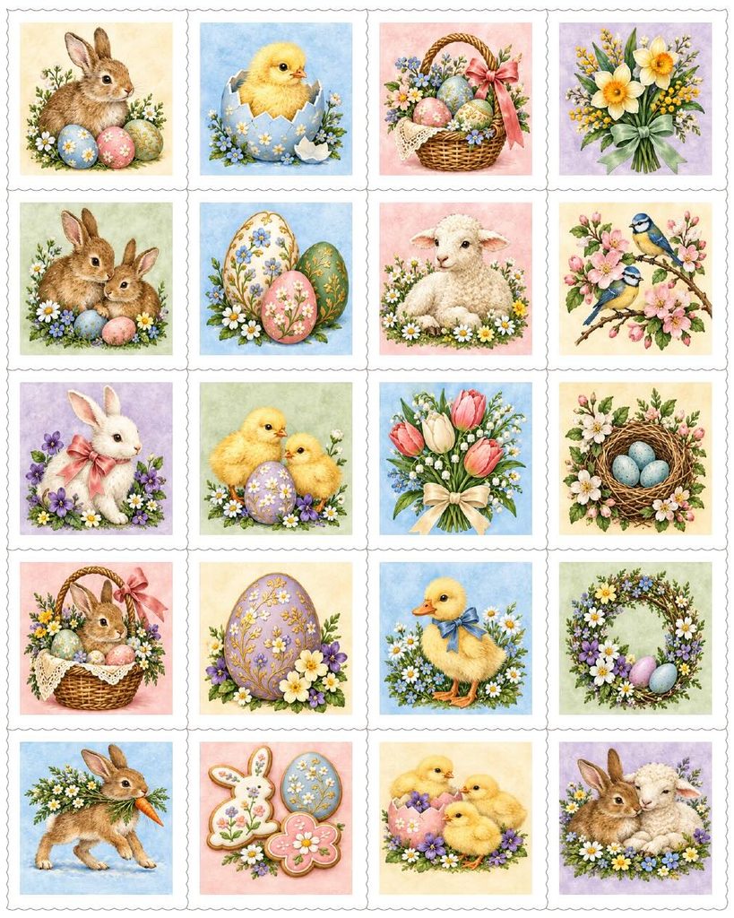 A grid of twenty postage-stamp style illustrations including bunnies, chicks, and eggs that could inspire DIY gelatin stamps, accented by floral bouquets and spring blossoms.