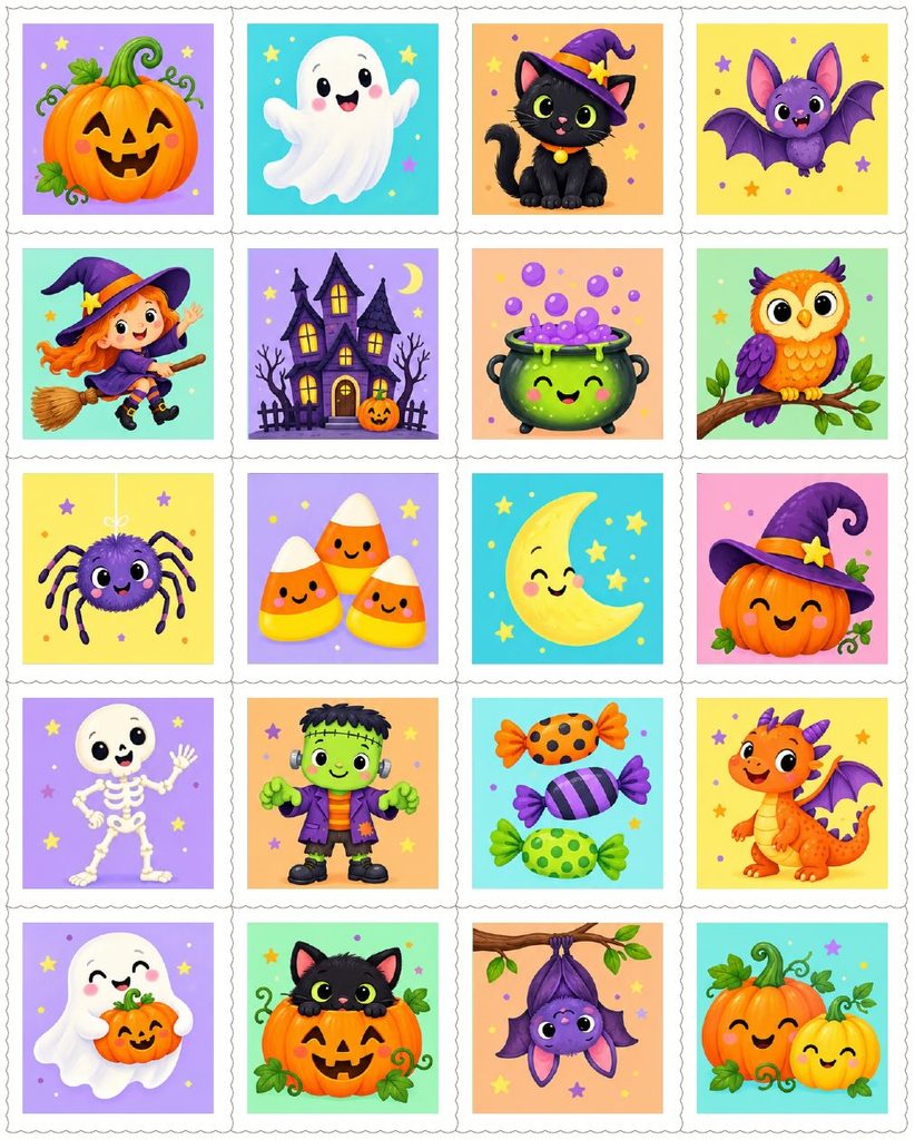 A grid of twenty cute Halloween stickers, including ghosts, pumpkins, and a dragon, perfect for use as gelatin stamps.