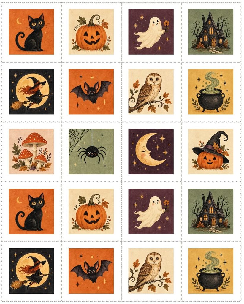 A sheet of sixteen square Halloween-themed stickers, perfect to make gelatin stamps, featuring a black cat, pumpkin, ghost, haunted house, witch, bat, owl, cauldron, mushrooms, spider, and moon.