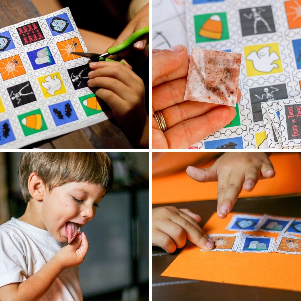 Four photos showing homemade Halloween stamps being cut apart, the dried gelatin coating on the back, a young boy licking a stamp, and the stamps being pressed onto an orange envelope.
