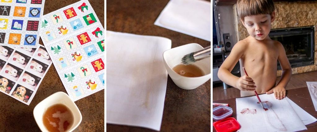 Homemade stamp sheets, concentrated gelatin glue, and a young child brushing gelatin onto the back of the paper.