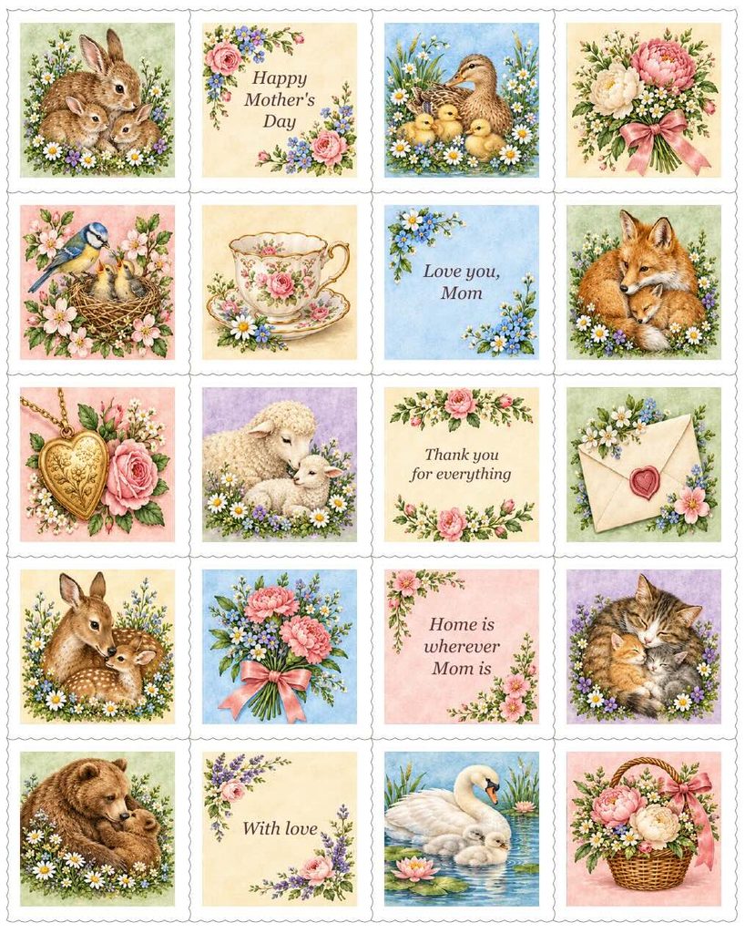 A sheet of twenty square postage-style gelatin stamp stickers featuring illustrations of mother animals with their young, floral arrangements, and messages for Mother&rsquo;s Day.