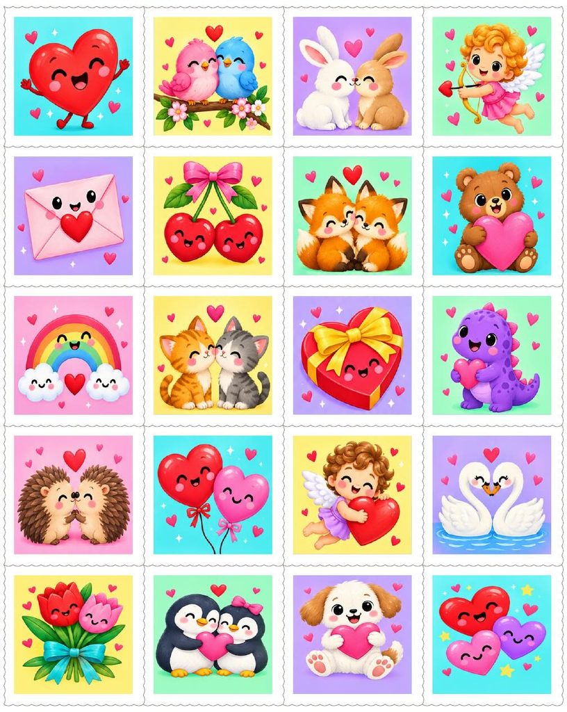 A grid of twenty Valentine&rsquo;s Day-themed stickers featuring cartoon animals, hearts, cupids, and floral motifs, perfect to make gelatin stamps.
