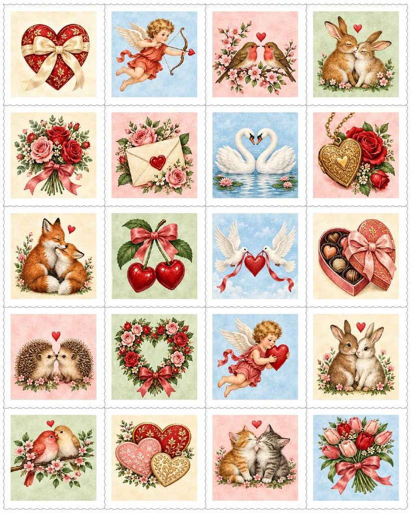 A grid of twenty postage-style stamps featuring romantic Valentine&rsquo;s Day imagery, such as hearts and cupids, which could inspire designs to make gelatin stamps.