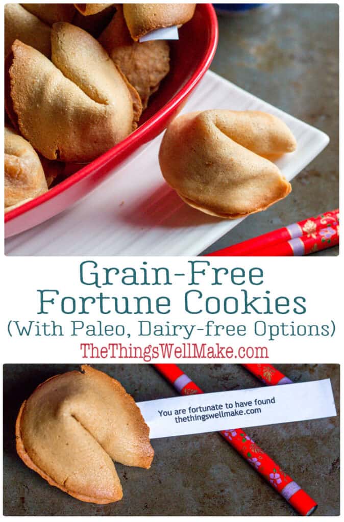 Fun and easy to make, these homemade fortune cookies are also gluten and grain-free. They're the perfect way to get your message to that special someone on Valentine's Day! #fortunecookies #asiancuisine #asianrecipes #valetinesdayrecipes #cookierecipes #thethingswellmake #miy #grainfree #glutenfreedesserts