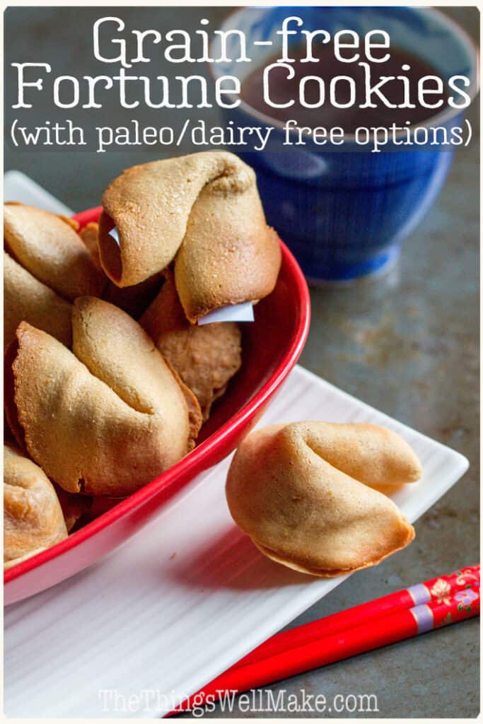 Fun and easy to make, these homemade fortune cookies are also gluten and grain-free. They're the perfect way to get your message to that special someone on Valentine's Day! #fortunecookies #asiancuisine #asianrecipes #valetinesdayrecipes #cookierecipes #thethingswellmake #miy #grainfree #glutenfreedesserts