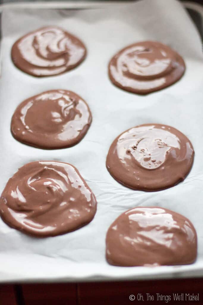 disks of a chocolate mascarpone filling spread out onto a baking sheet covered with parchment paper. 