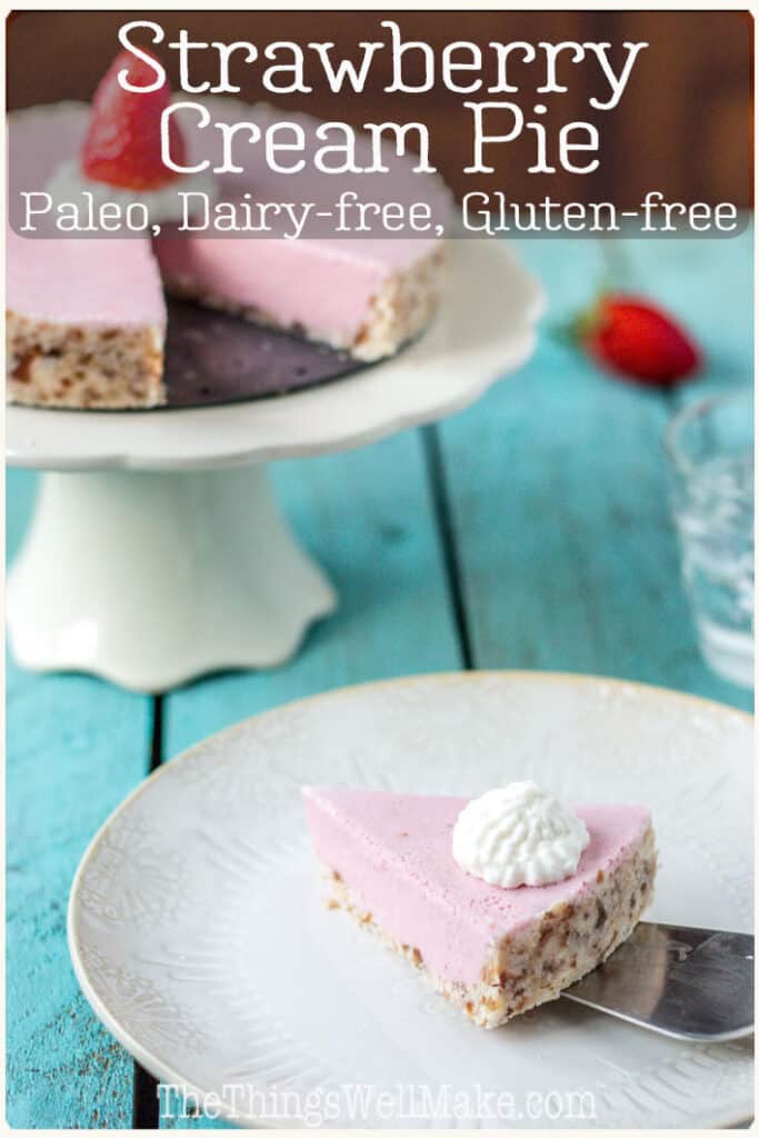 Quick and easy, this no-bake, paleo strawberry cream pie can be whipped up in a matter of minutes for a light, creamy dessert. #paleodesserts #valentinesdaydesserts #valentinesdayrecipes #strawberryrecipes #thethingswellmake #miy #strawberrydesserts