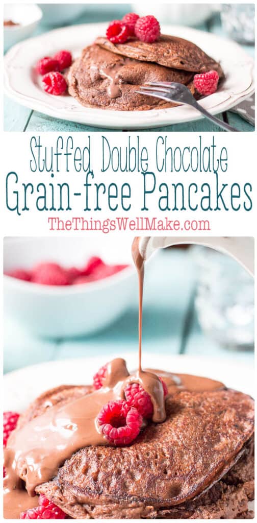 These delicious stuffed double chocolate grain free pancakes are easy to make, but sure to impress. They are chocolate paleo plantain pancakes filled with a creamy, chocolate mascarpone filling.