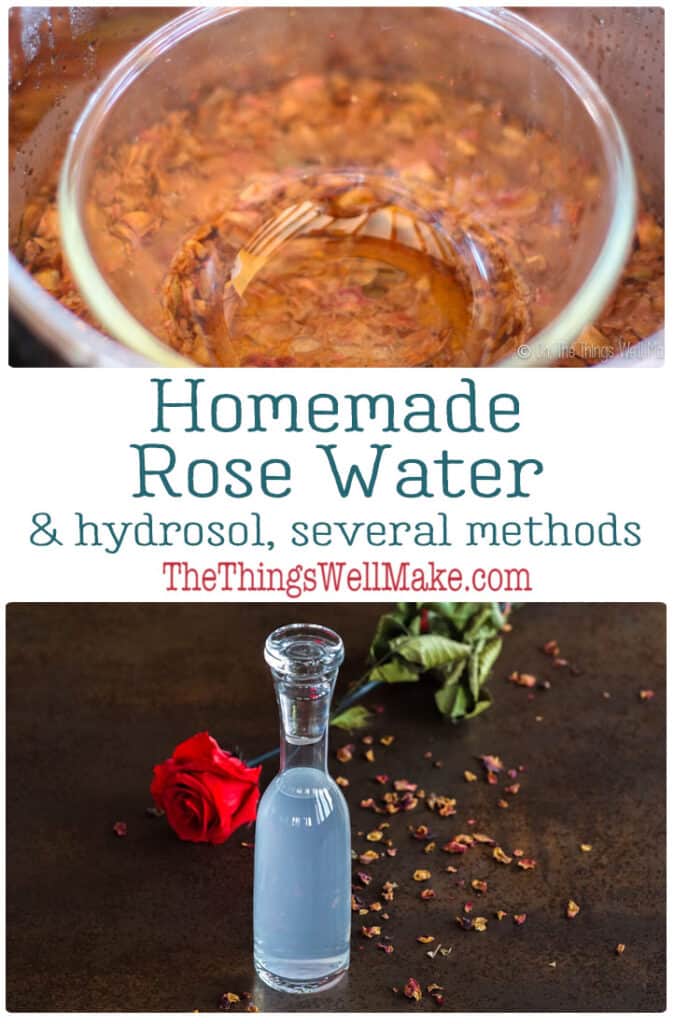 With a pleasant scent and anti-inflammatory properties, rose water and rose hydrosol are the perfect addition to homemade cosmetics. Learn several ways to make your own rose water or hydrosol and the difference between them. #rosewater #hydrosols #roses #floralwaters #naturalskincare #thethingswellmake #miy