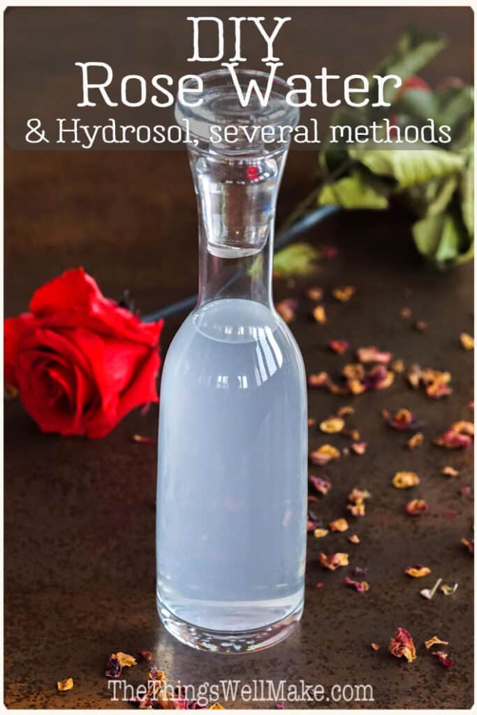 With a pleasant scent and anti-inflammatory properties, rose water and rose hydrosol are the perfect addition to homemade cosmetics. Learn several ways to make your own rose water or hydrosol and the difference between them. #rosewater #hydrosols #roses #floralwaters #naturalskincare #thethingswellmake #miy
