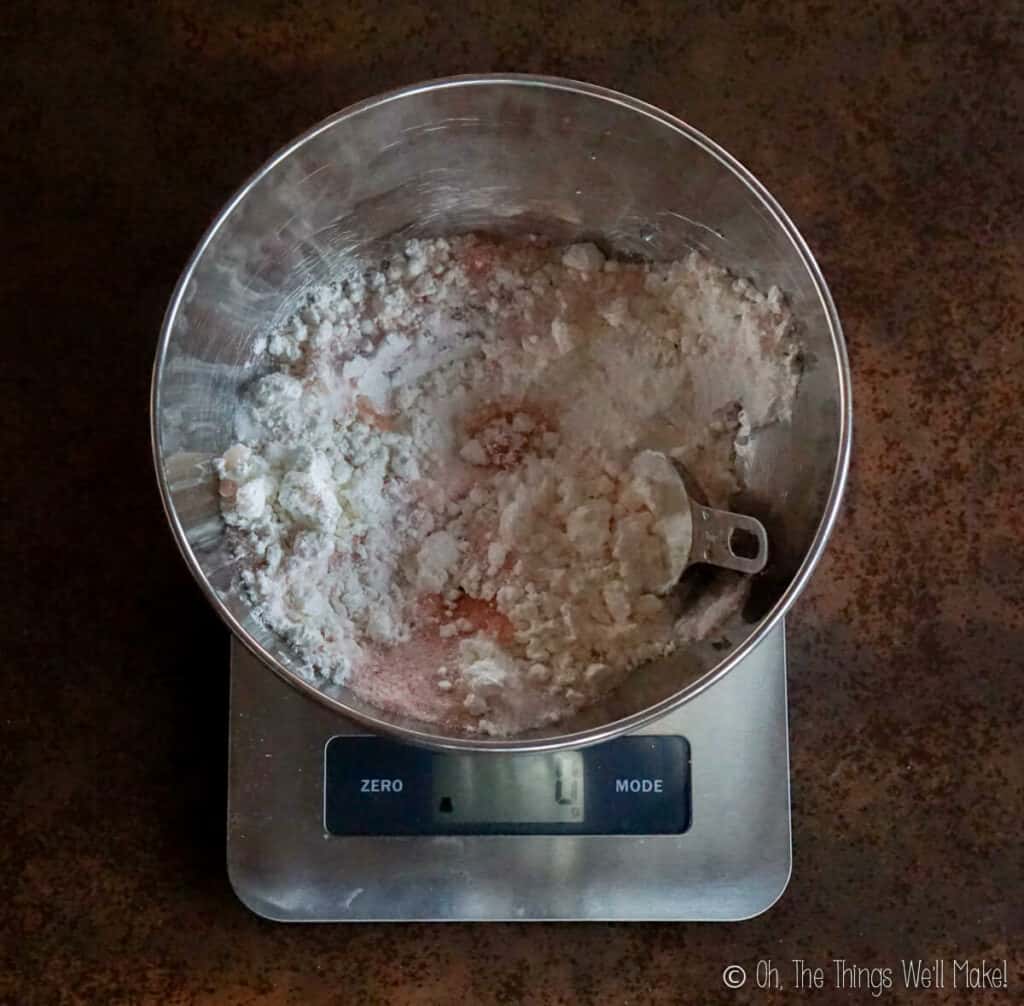 weighing out the dry ingredients for bath bombs