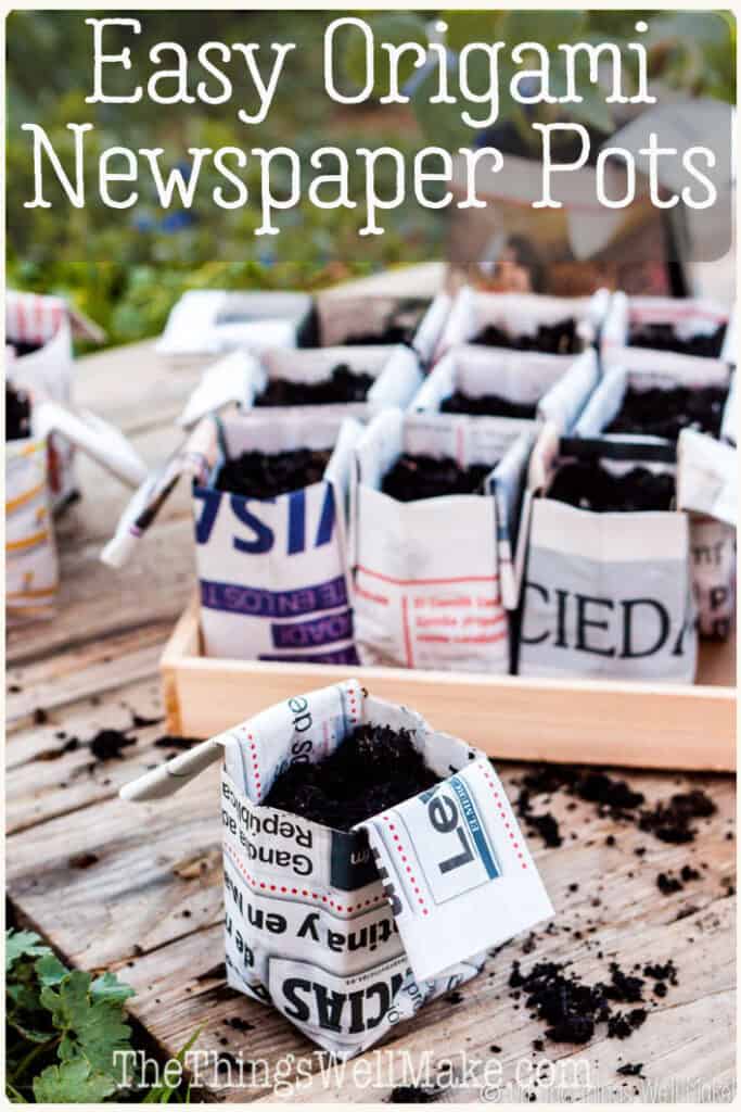 Make your own DIY origami flower pots for seedlings from recycled newspapers. They make great biodegradable pots that can be planted with your seedlings. They're quick to make and can be planted directly into the garden so as not to disturb the roots of seedlings. (And, yes, most newspapers use safe inks!) #origami #gardencrafts #garden #vegetablegarden #thethingswellmake #miy #upcycle #recycle