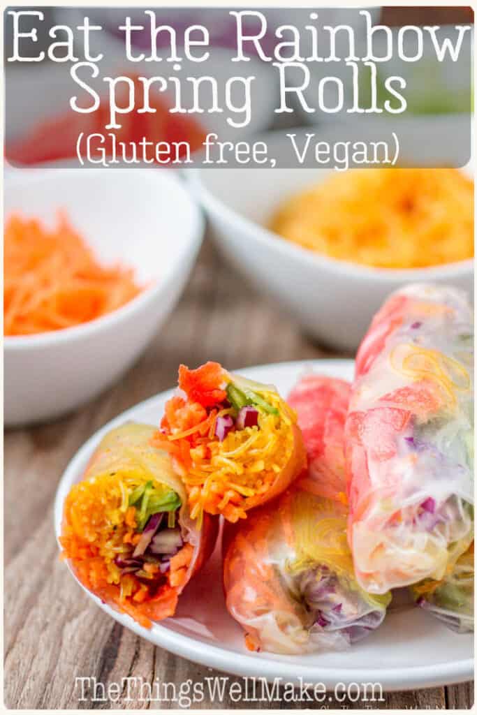 Eat the rainbow! By eating vegetables with a wide variety of colors helps ensure you're eating healthy doses of a variety of vitamins and antioxidants. These rainbow spring rolls help incorporate a healthy dose of colorful vegetables in fun and easy way! #eatherainbow #rainbow #appetizers #healthysnacks #asiancuisine #healthyrecipes #thethingswellmake #miy