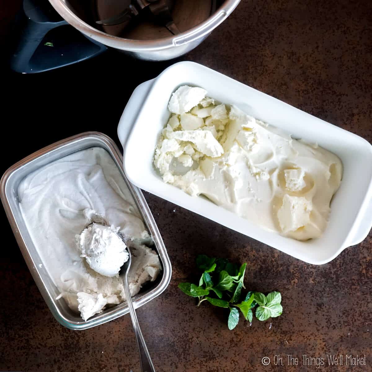 Overhead view of 2 homemade ice creams, one made with whipping cream, and the other, with a spoon in it, made with canned coconut cream.
