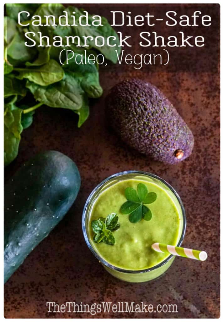 Smooth and creamy, this candida diet safe shamrock shake is delicious without needing any sugar or sweeteners. It's naturally colored, paleo, and vegan. #thethingswellmake #shamrock #shamrockshake #stpatricksday #green #candida #paleo #vegan #smoothie #smoothierecipe #healthytreats #stpatricksdayrecipes #mint #peppermint #candidadiet