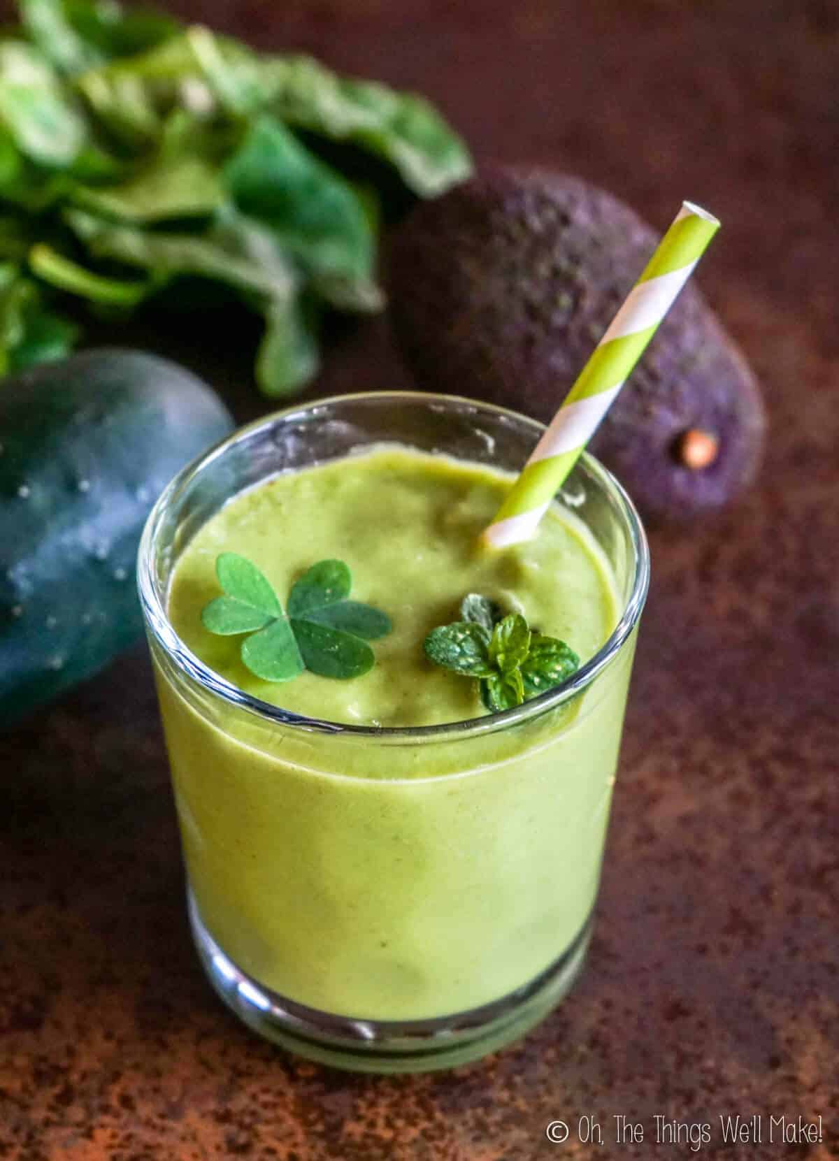 closeup of a glass of a healthy Shamrock shake made with fresh mint, avocado, spinach, and cucumber.