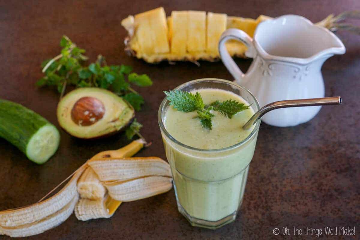 A green smoothie garnished with nettle leaves in front of a pitcher of coconut milk, and the fruits and other ingredients of the smoothie.