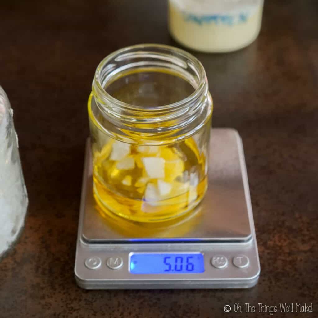 Measuring out oils and emulsifier for making a lotion