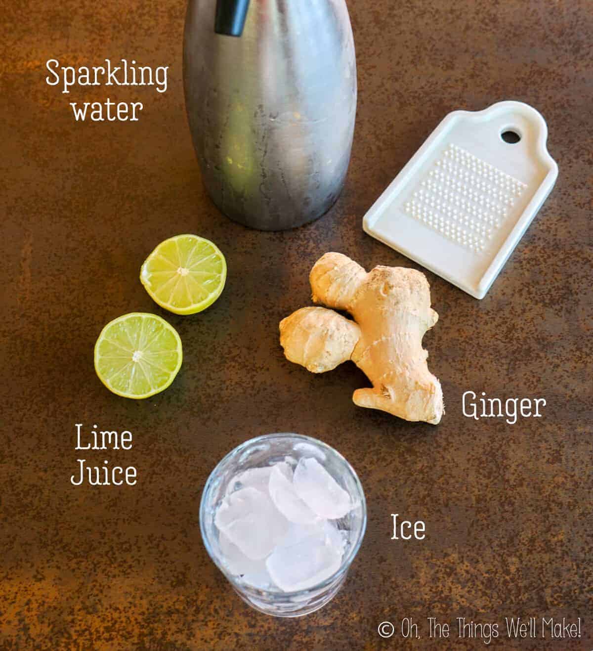 overhead view of ingredients for homemade ginger ale