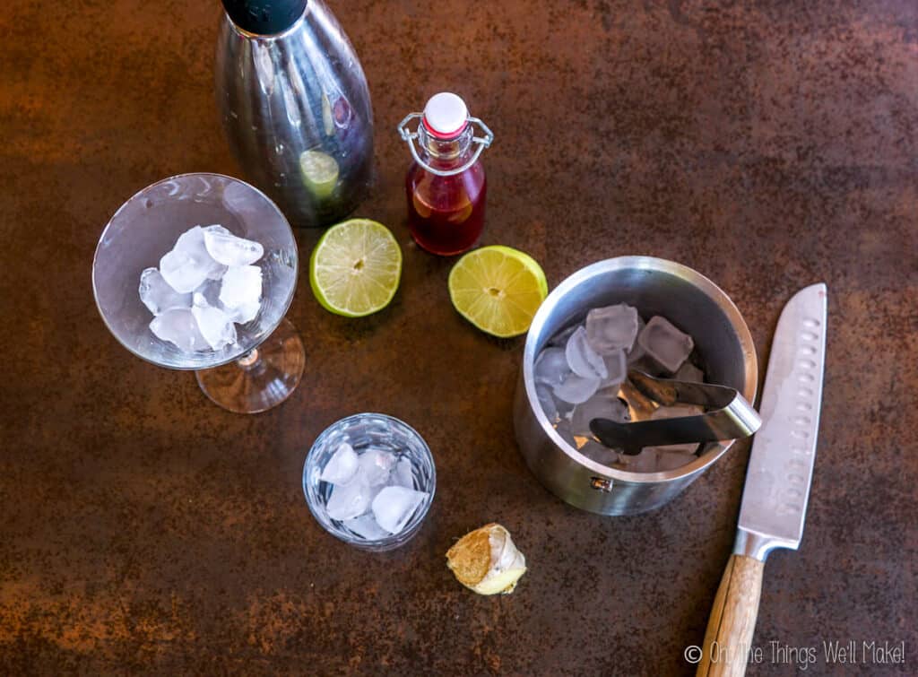 Overhead view of 2 glasses filled with ice.