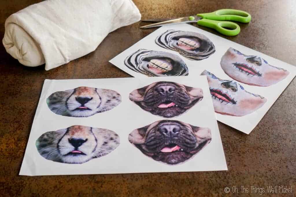 Sheets of transfer paper with animal faces printed