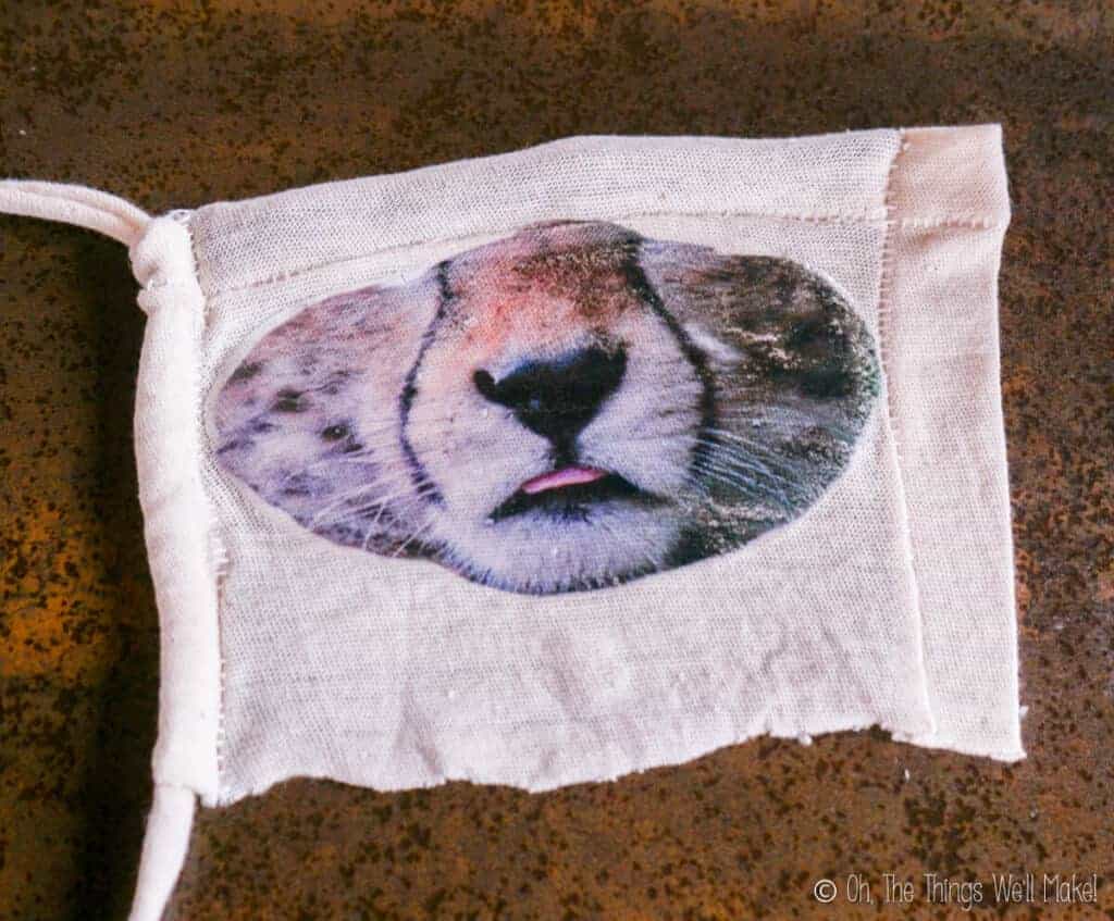 A leopard nose and mouth that has been ironed onto a light colored cloth.