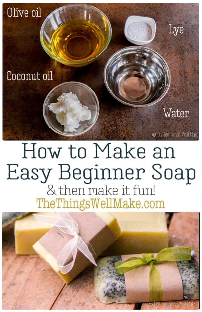 Making soap isn't difficult. This quick and easy, basic beginner soap recipe has a long working time, perfect for beginners. It also comes with fun ideas for personalizing it by adding exfoliants, essential oils, etc. #thethingswellmake #soap #soapmaking