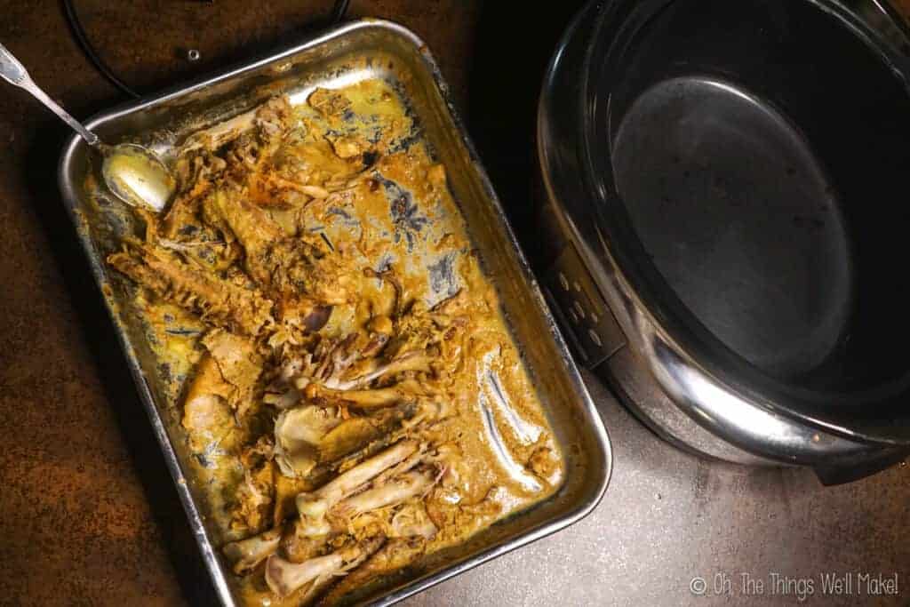 A pan with leftover turkey bones