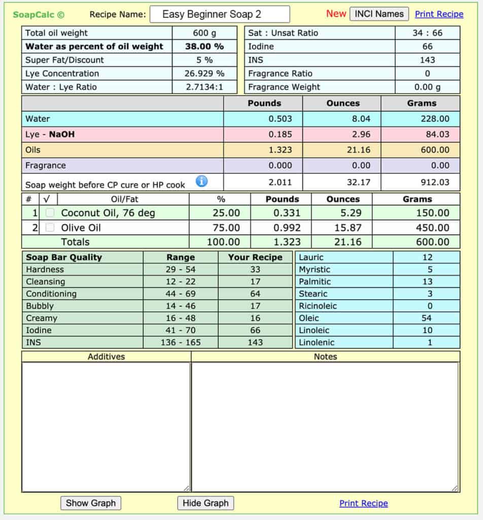 Screenshot of a second calculated soap recipe on soapcalc lye calculator