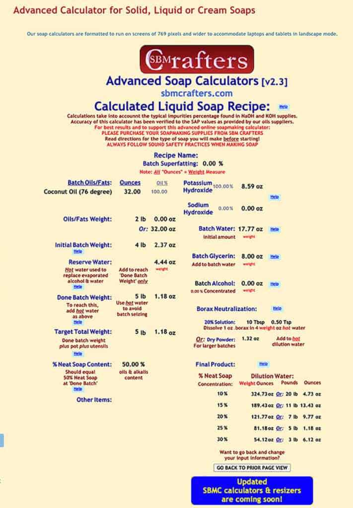 screenshot of a calculated liquid coconut oil soap on the sbm Crafters lye calculator