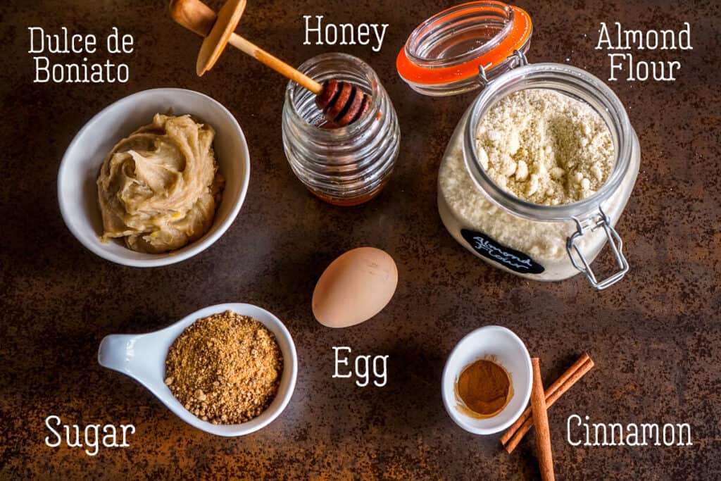 Overhead view of the ingredients for pastissets de boniato