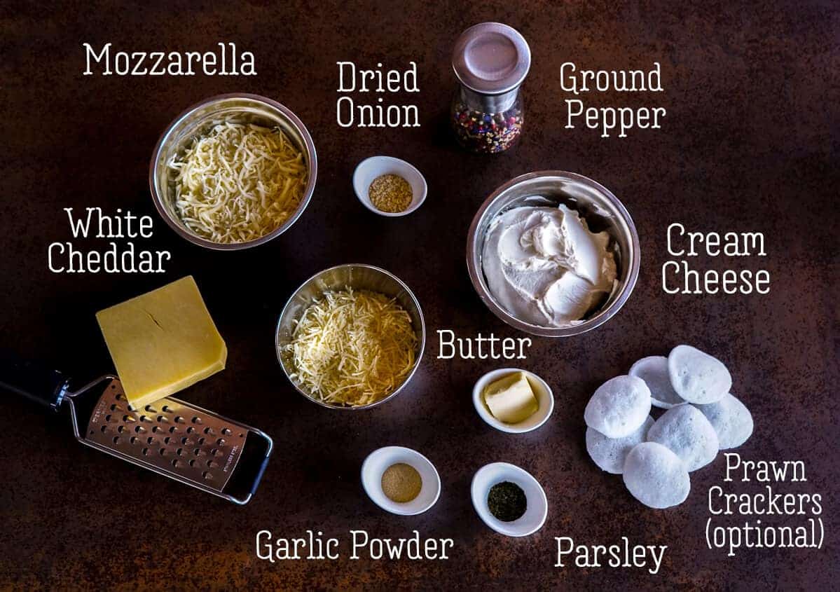 Overhead view of ingredients for a cheese ball