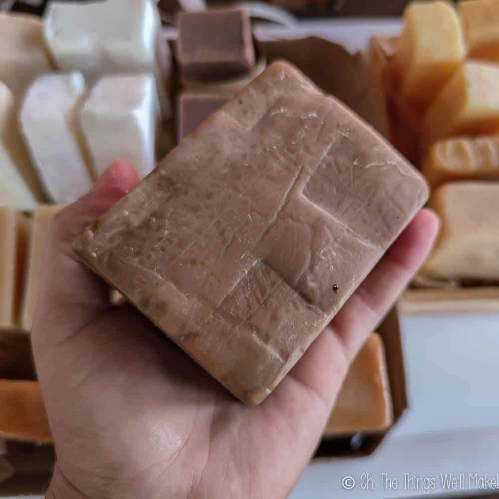 Closeup of the marks from stacking on Aleppo soaps