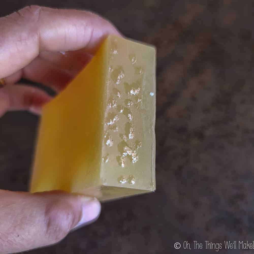 Closeup of beading up of glycerin on a glycerin soap.